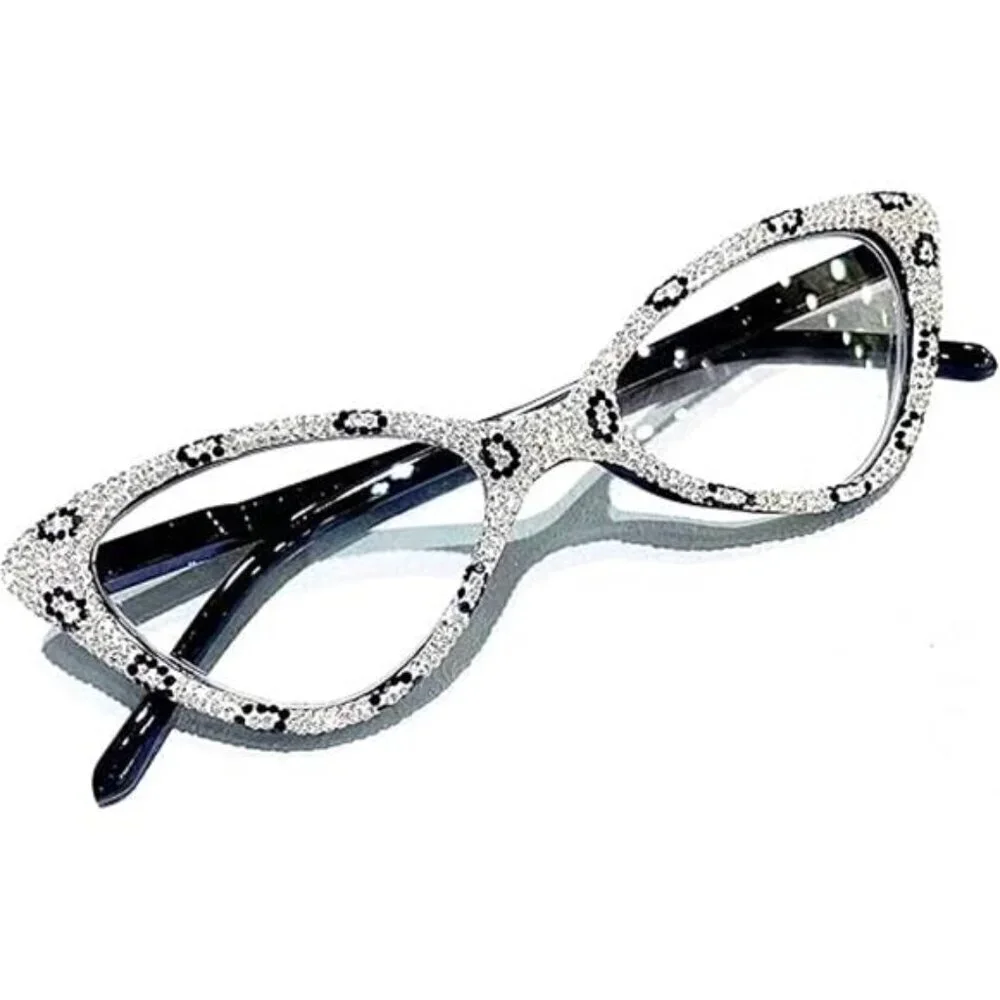 White Rhinestone Cat-Eye Glasses Vintage Frames with Black Leopard X1.0 Magnify